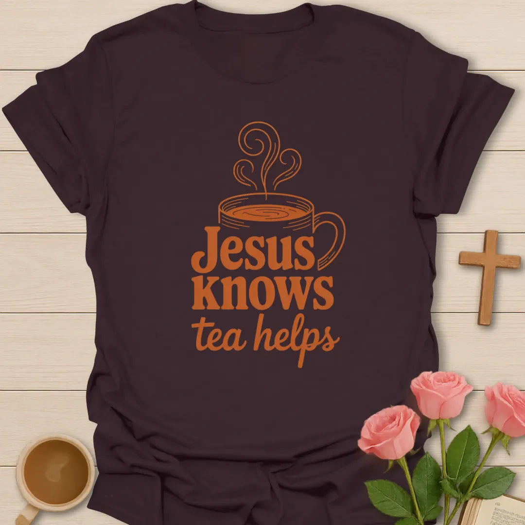 Tea Helps Christian shirt with teacup, cross, and cream vintage lettering. - Dark Chocolate