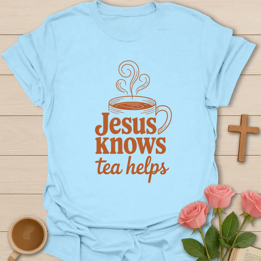 Tea Helps Christian shirt with teacup, cross, and cream vintage lettering. - Light Blue