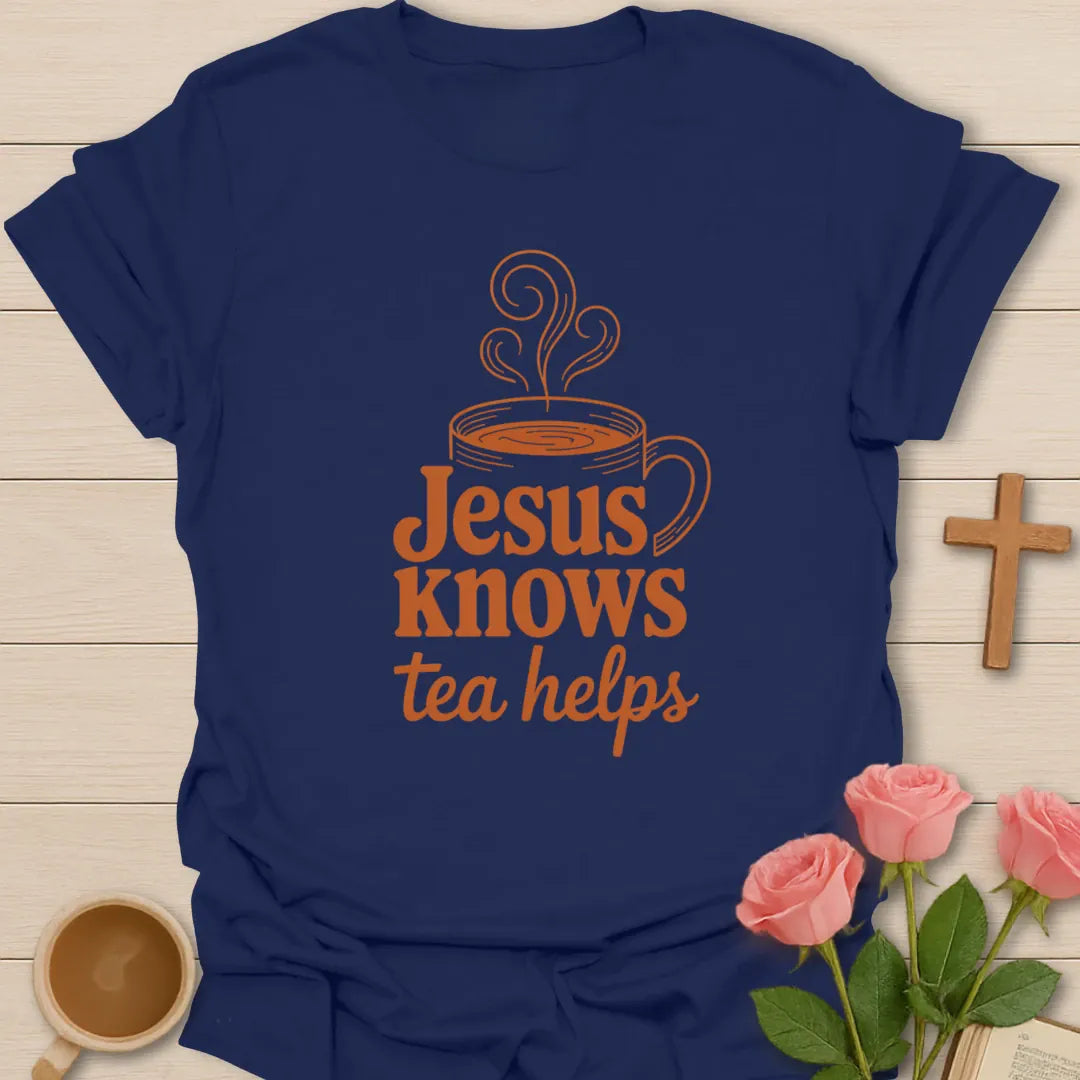 Tea Helps Christian shirt with teacup, cross, and cream vintage lettering. - Navy