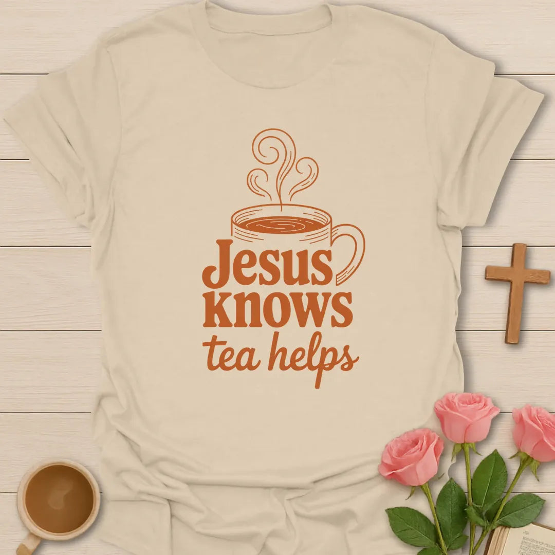 Tea Helps Christian shirt with teacup, cross, and cream vintage lettering. - Sand