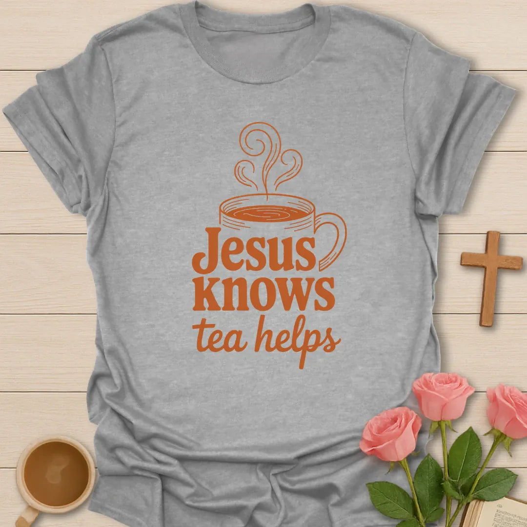 Tea Helps Christian shirt with teacup, cross, and cream vintage lettering. - Sport Grey