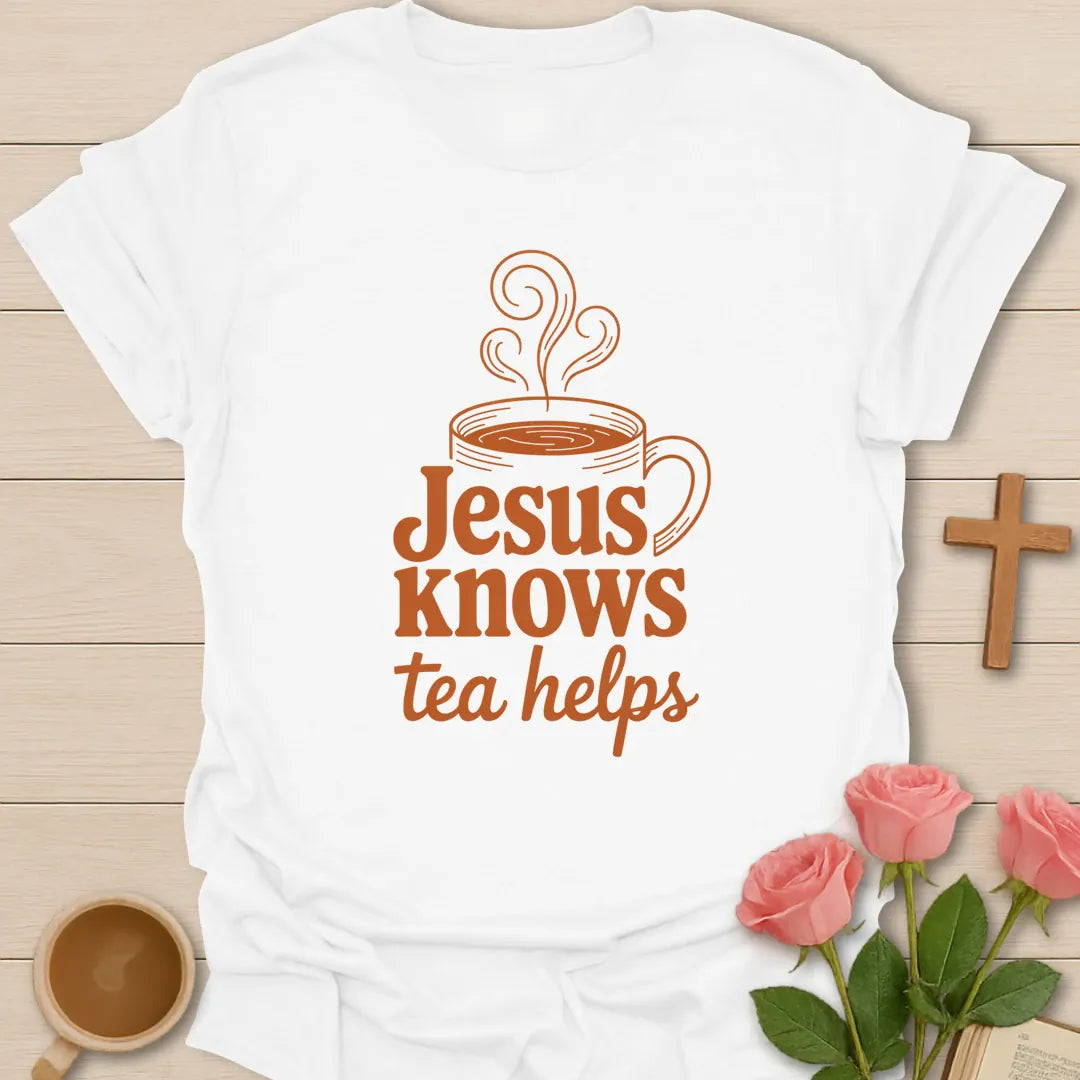 Tea Helps Christian shirt with teacup, cross, and cream vintage lettering. - White
