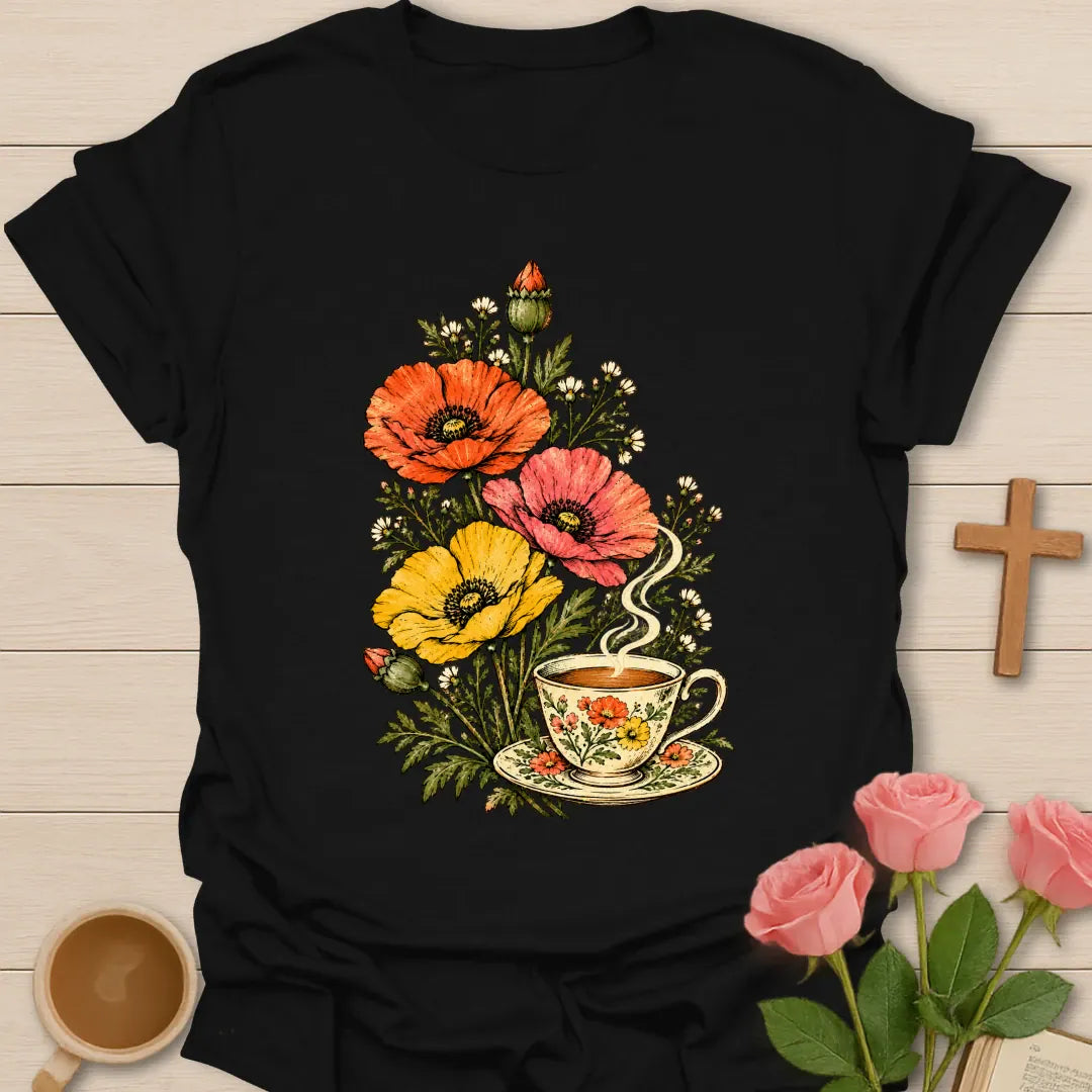 Tea In Bloom Christian t-shirt with vintage poppies and wildflowers rising from a floral teacup - Black