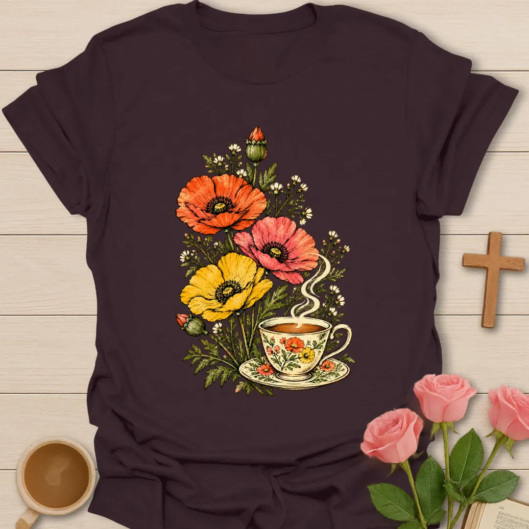 Tea In Bloom Christian t-shirt with vintage poppies and wildflowers rising from a floral teacup - Dark Chocolate