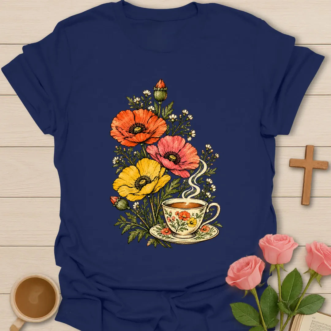 Tea In Bloom Christian t-shirt with vintage poppies and wildflowers rising from a floral teacup - Navy