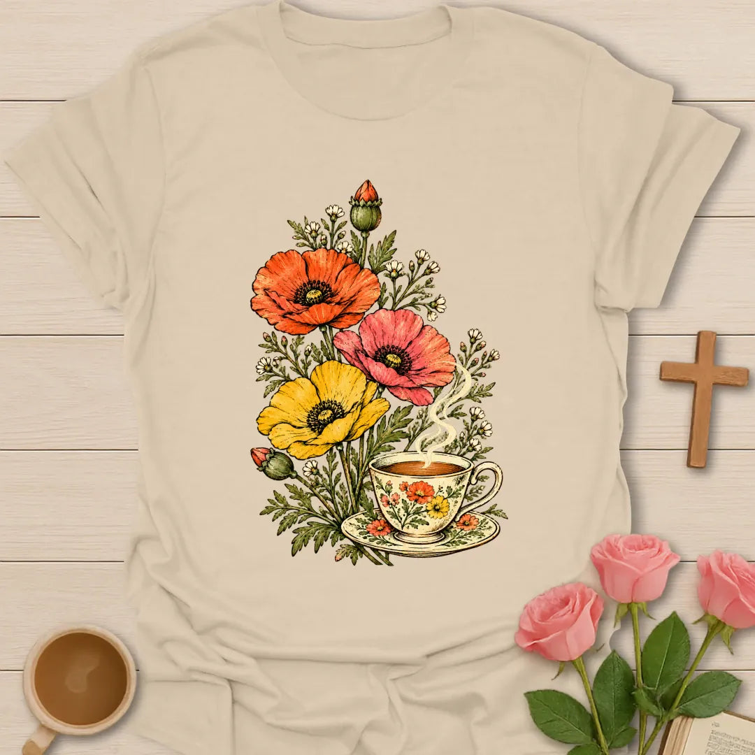 Tea In Bloom Christian t-shirt with vintage poppies and wildflowers rising from a floral teacup - Sand