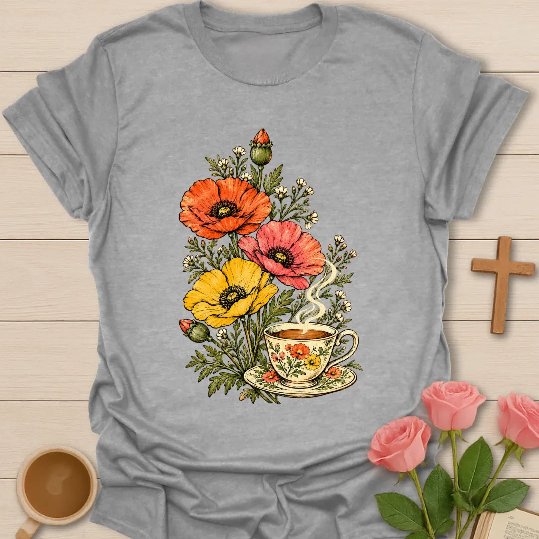 Tea In Bloom Christian t-shirt with vintage poppies and wildflowers rising from a floral teacup - Sport Grey