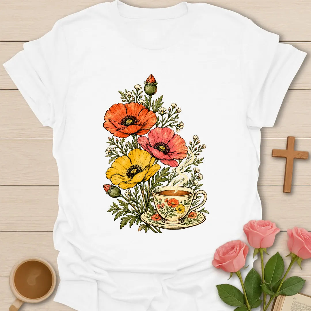 Tea In Bloom Christian t-shirt with vintage poppies and wildflowers rising from a floral teacup - White