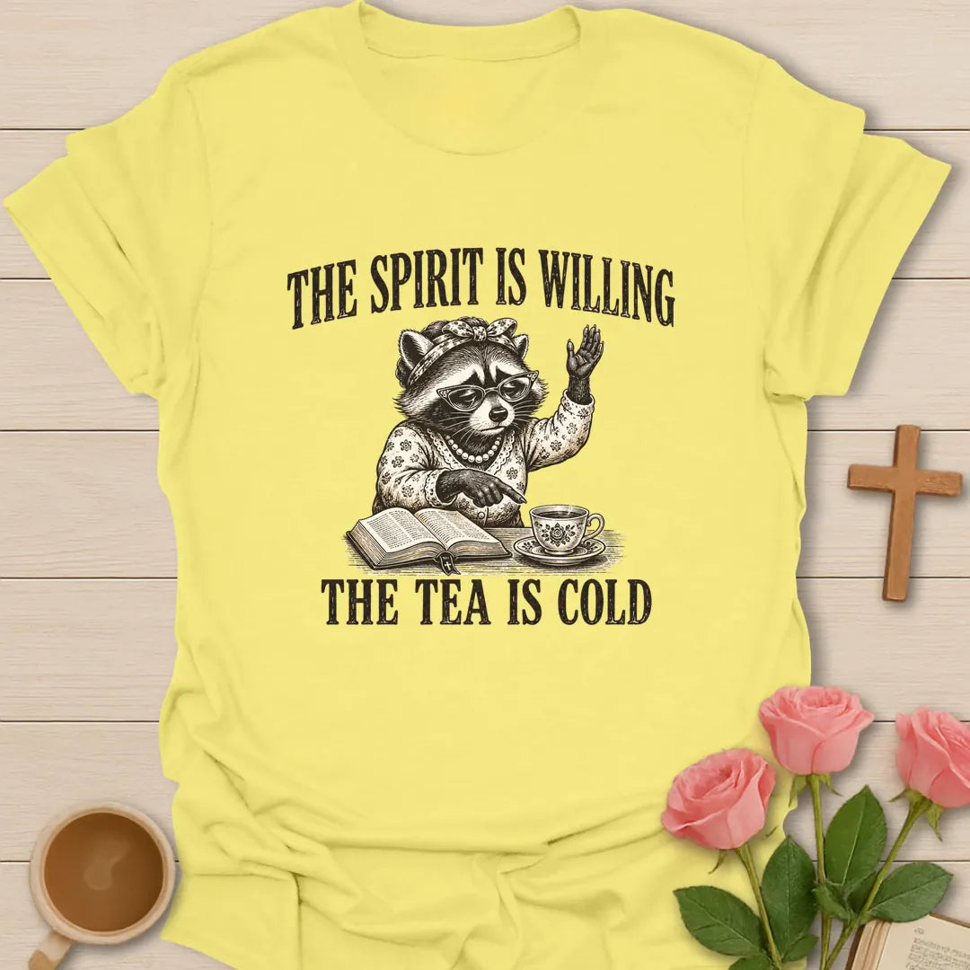 Tea Is Cold shirt with teacup, playful lettering, and faith-inspired design. - Cornsilk