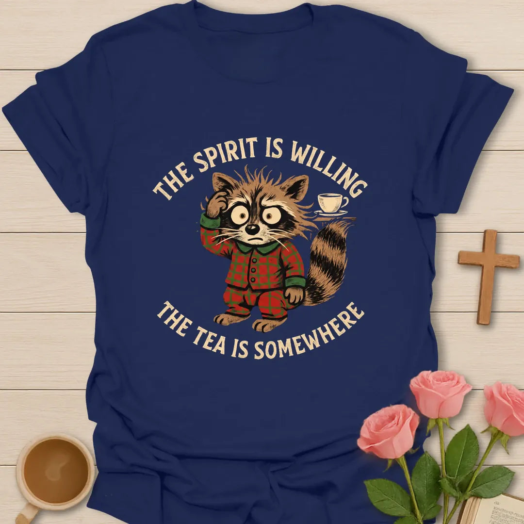 The Spirit Is Willing The Tea Is Somewhere Christmas shirt with funny holiday lettering - Navy
