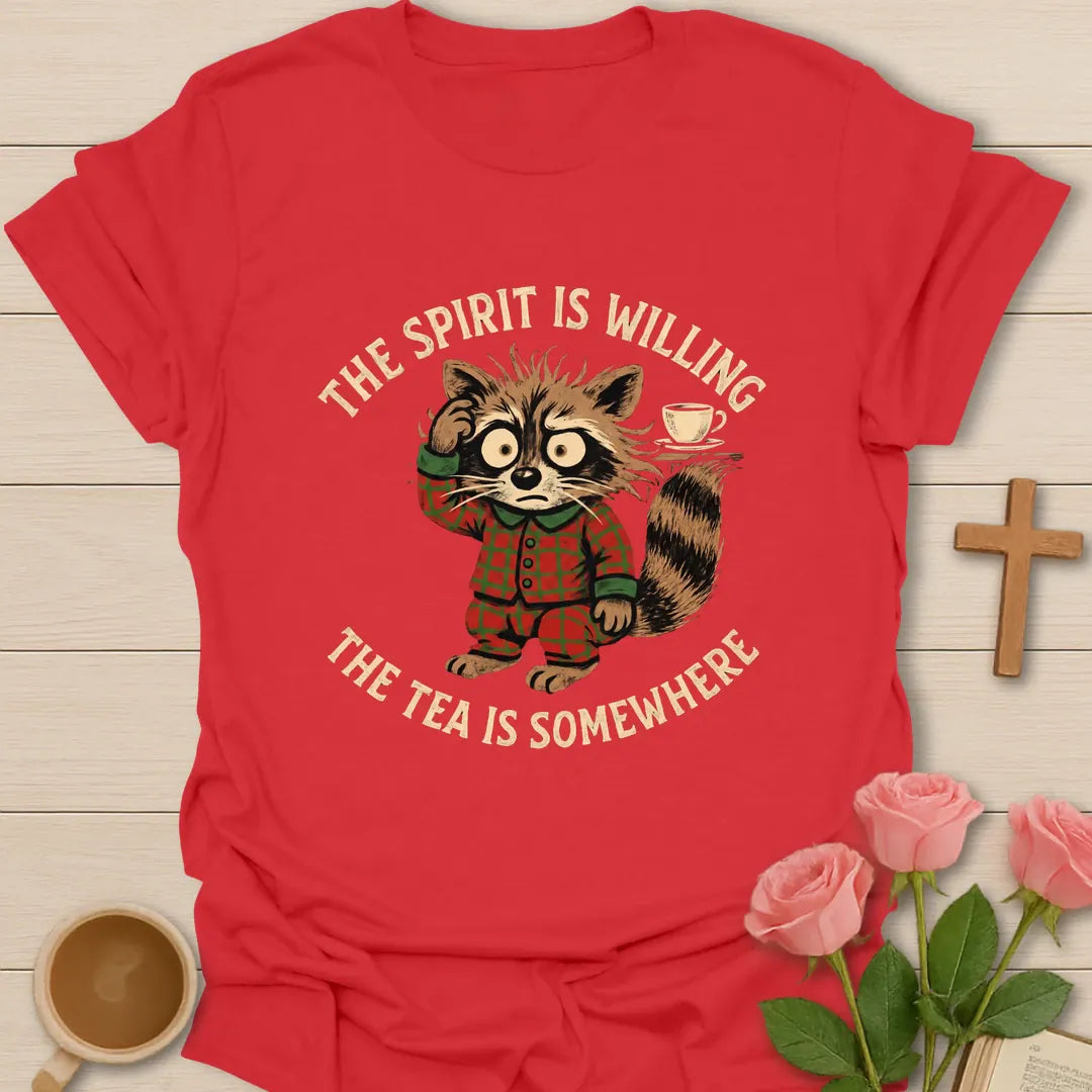 The Spirit Is Willing The Tea Is Somewhere Christmas shirt with funny holiday lettering - Red