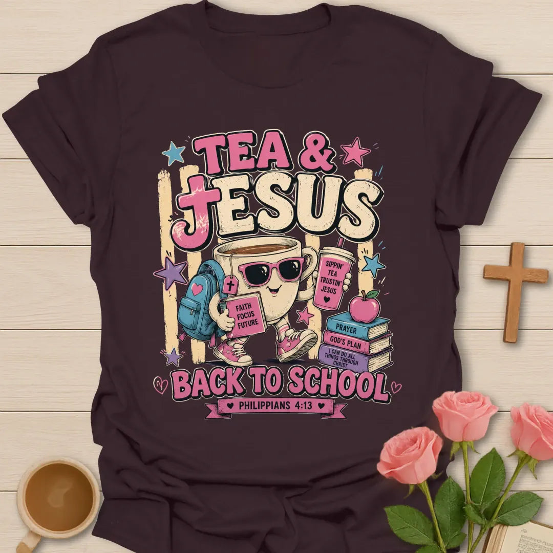 Tea and Jesus back to school shirt with smiling teacup, backpack, books, apple, sunglasses, and Philippians 4:13 text. - Dark Chocolate
