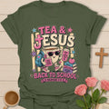 Tea and Jesus back to school shirt with smiling teacup, backpack, books, apple, sunglasses, and Philippians 4:13 text. - Military Green