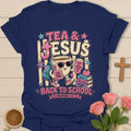 Tea and Jesus back to school shirt with smiling teacup, backpack, books, apple, sunglasses, and Philippians 4:13 text. - Navy
