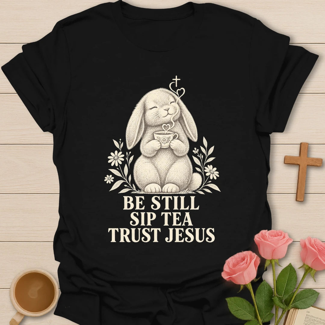 Tea Jesus bunny shirt with cute bunny, teacup, and faith-inspired lettering. - Black