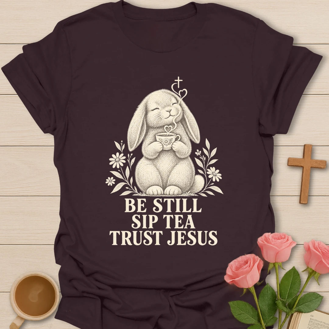 Tea Jesus bunny shirt with cute bunny, teacup, and faith-inspired lettering. - Dark Chocolate