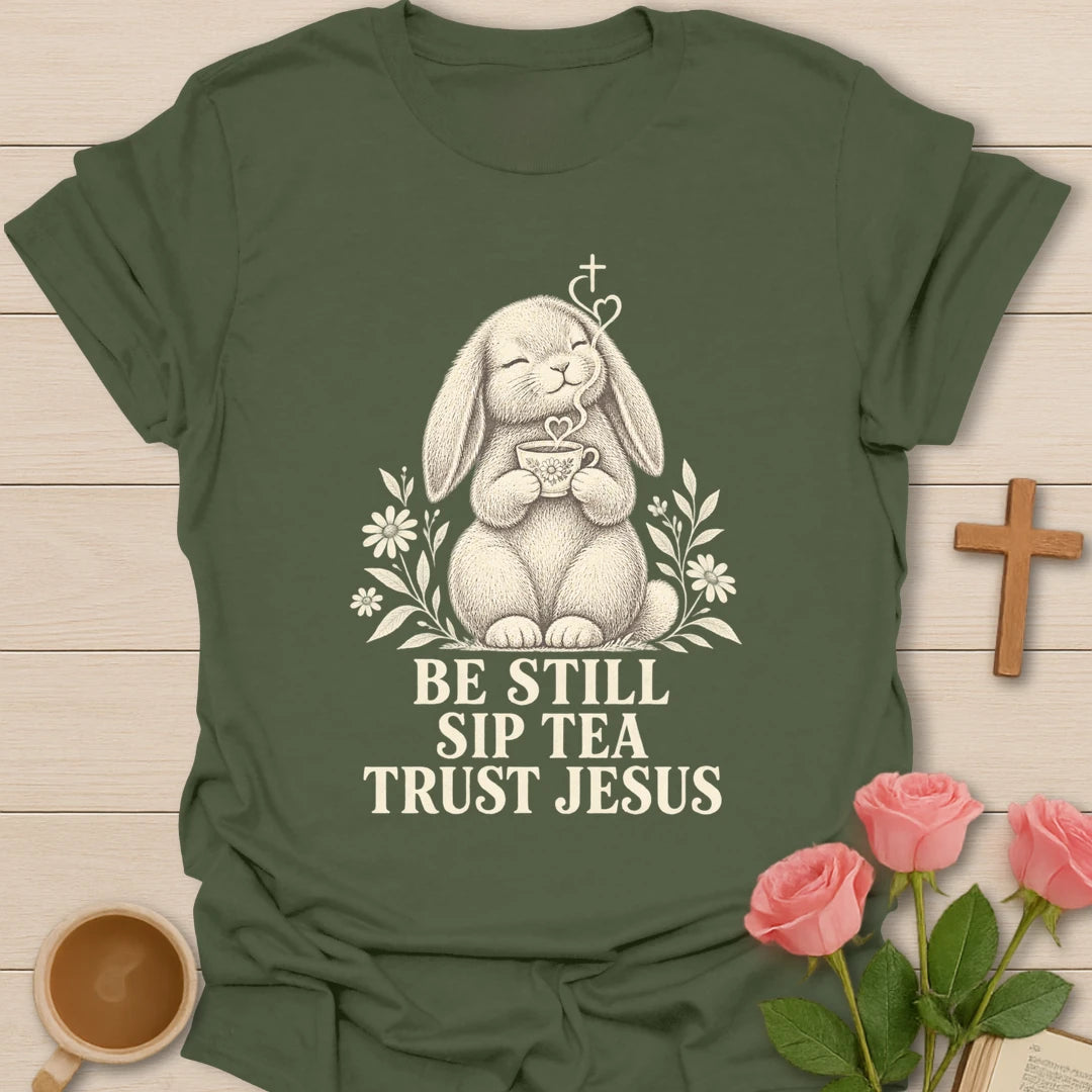 Tea Jesus bunny shirt with cute bunny, teacup, and faith-inspired lettering. - Military Green