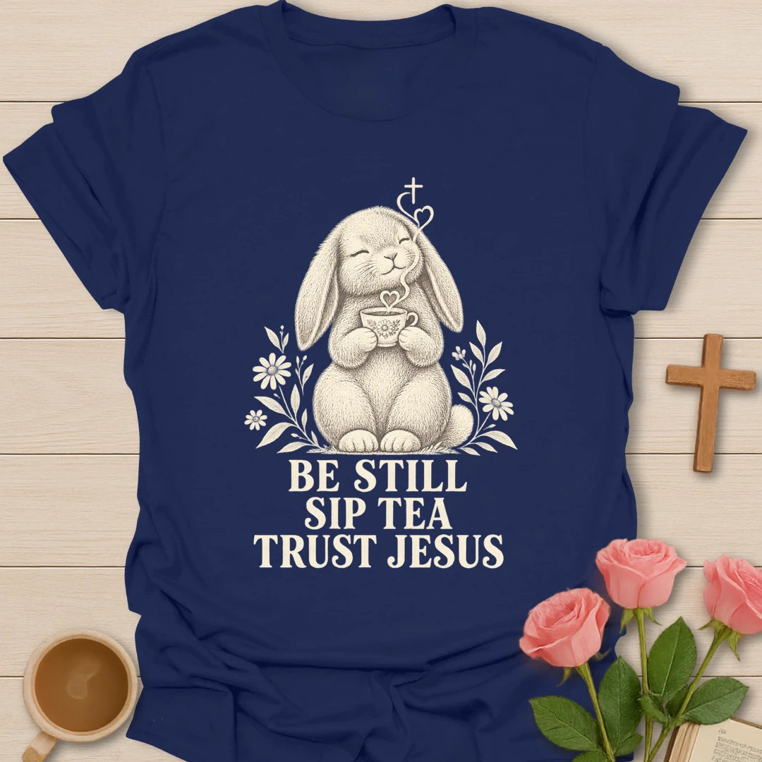Tea Jesus bunny shirt with cute bunny, teacup, and faith-inspired lettering. - Navy