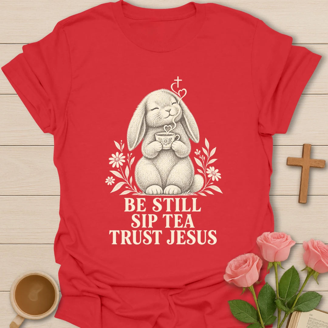Tea Jesus bunny shirt with cute bunny, teacup, and faith-inspired lettering. - Red