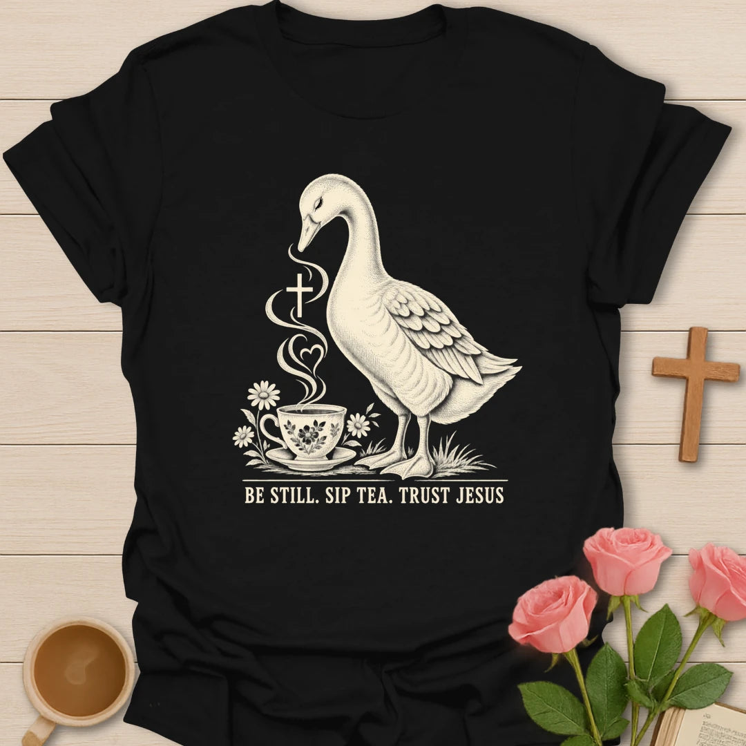 Tea Jesus duck shirt with cute duck, teacup, and faith-inspired lettering. - Black