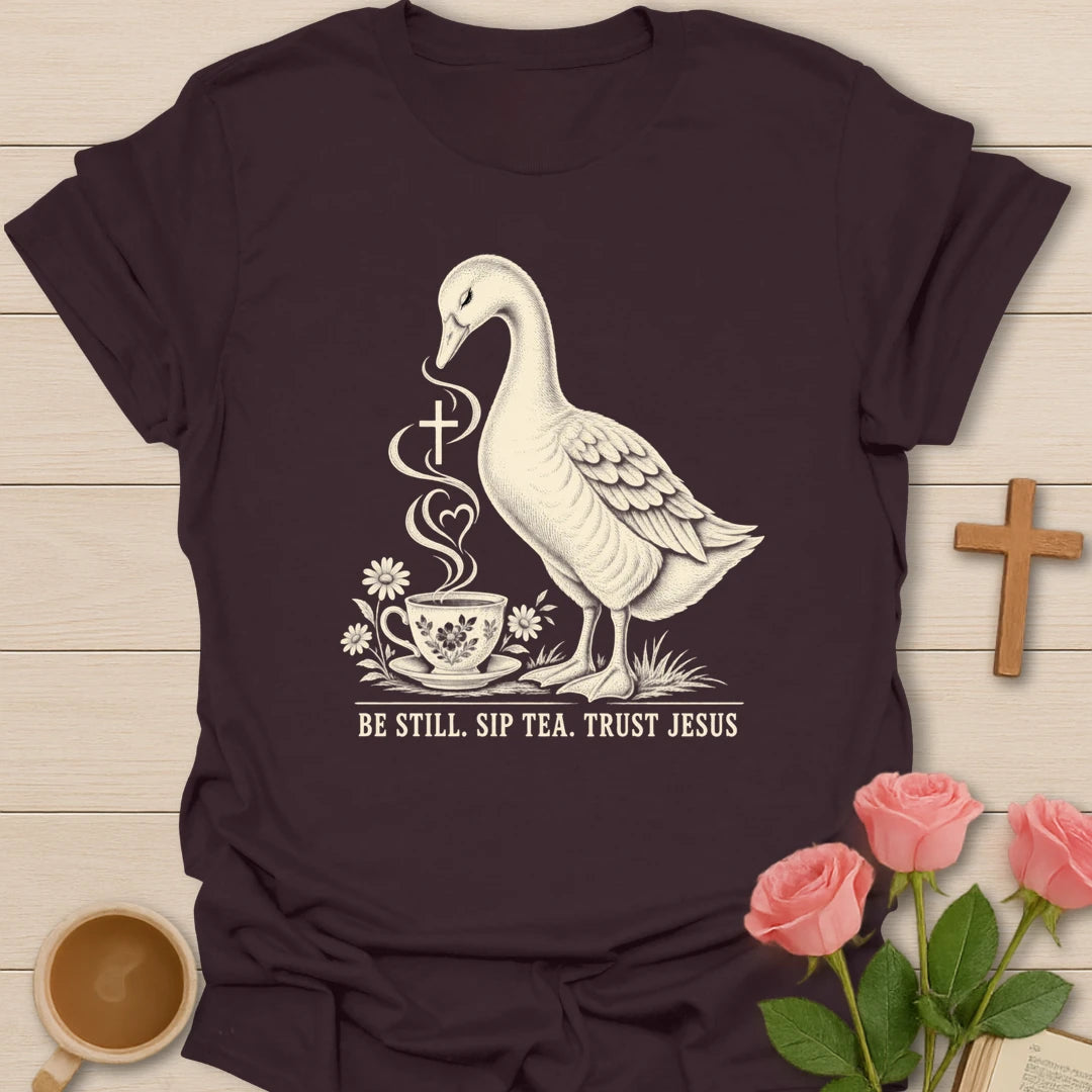 Tea Jesus duck shirt with cute duck, teacup, and faith-inspired lettering. - Dark Chocolate
