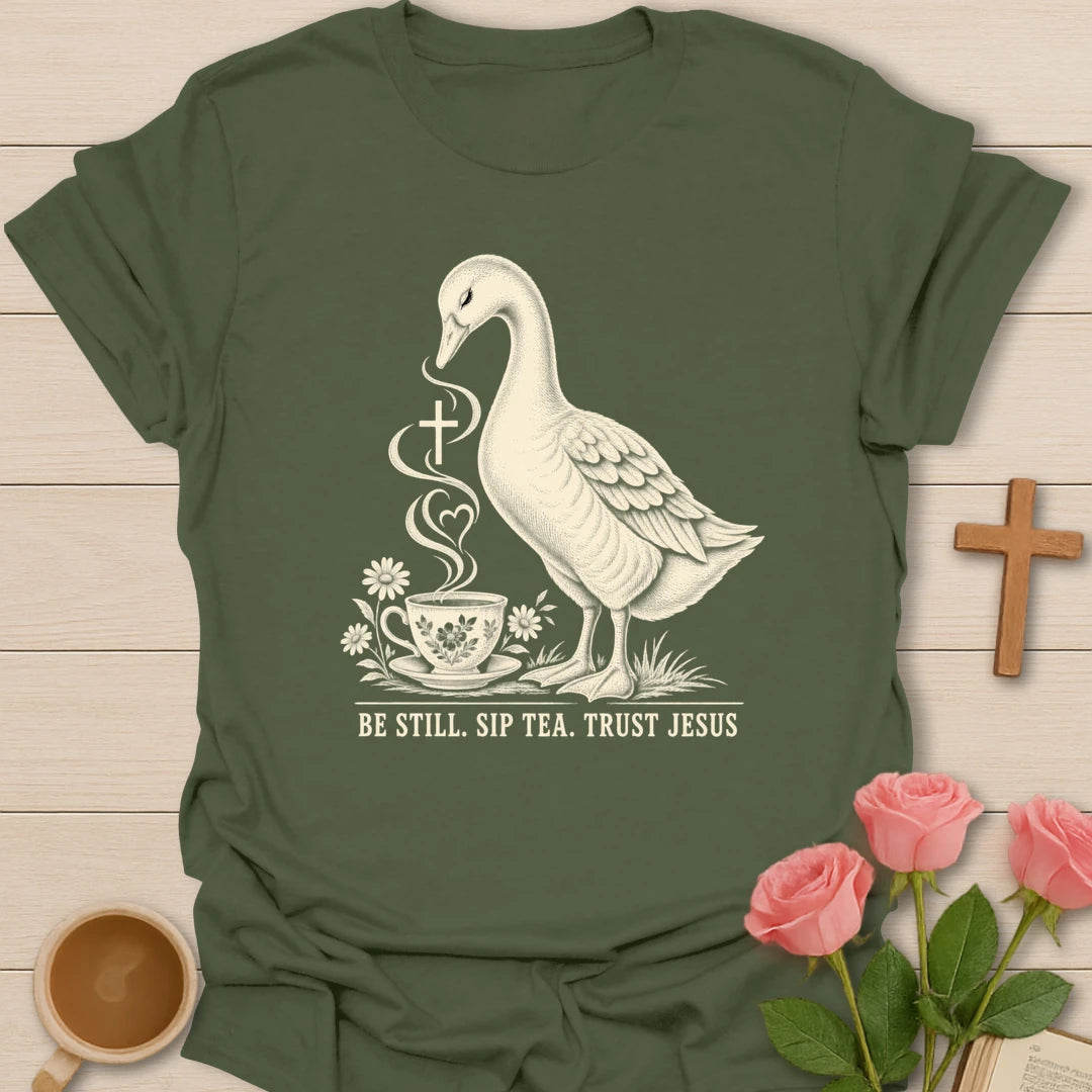 Tea Jesus duck shirt with cute duck, teacup, and faith-inspired lettering. - Military Green