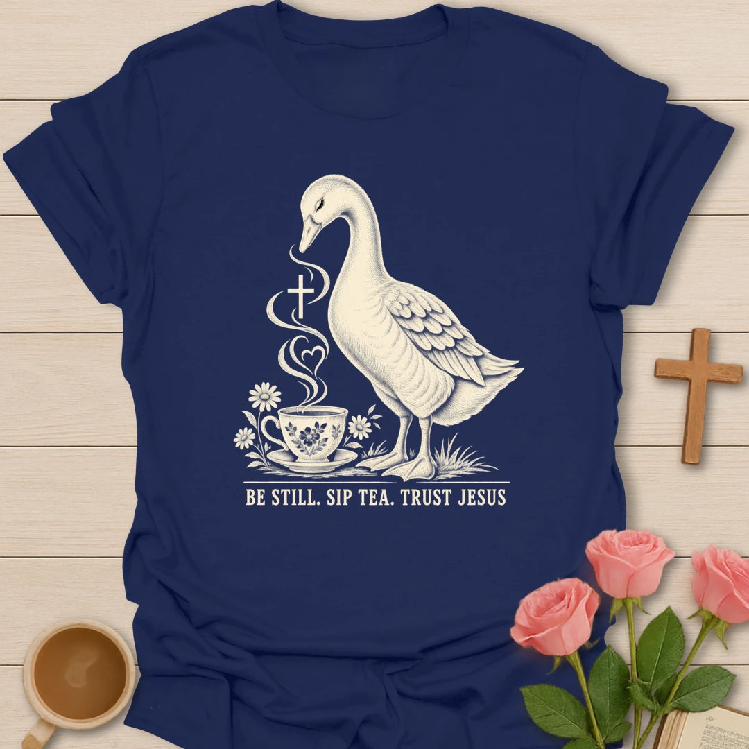 Tea Jesus duck shirt with cute duck, teacup, and faith-inspired lettering. - Navy