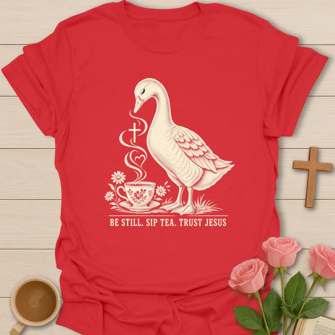 Tea Jesus duck shirt with cute duck, teacup, and faith-inspired lettering. - Red