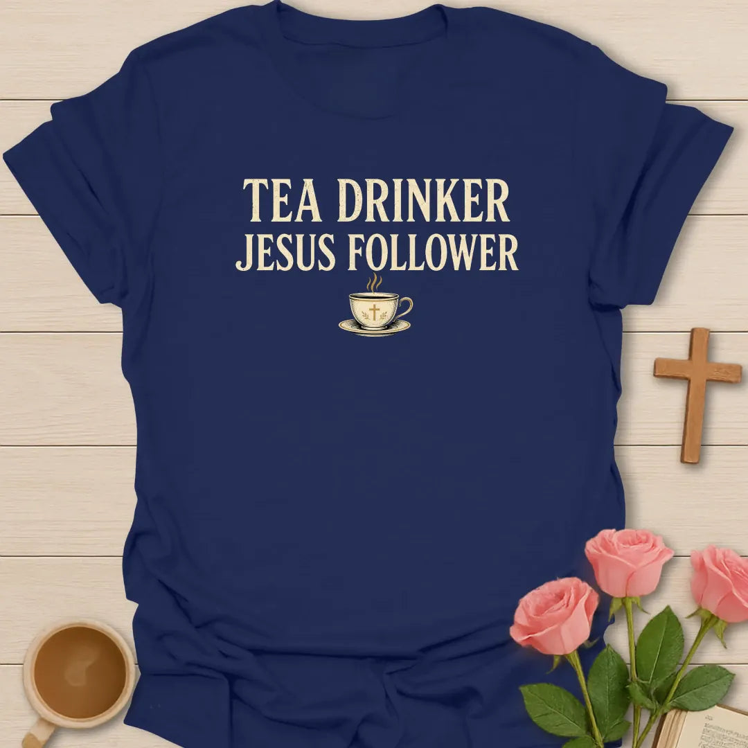 Tea and Jesus Follower shirt with teacup, cross, and cream vintage lettering. - Navy