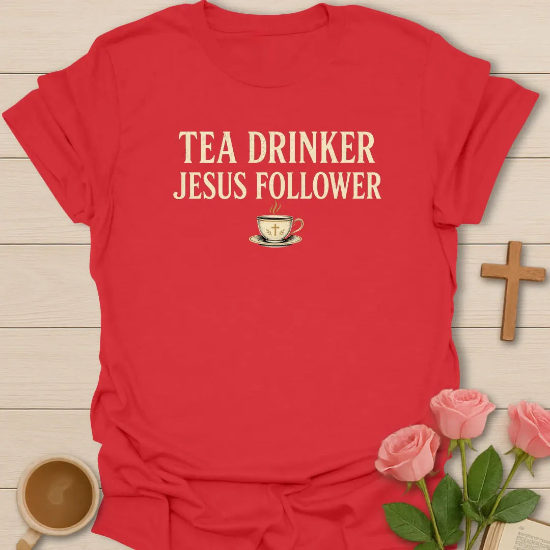 Tea and Jesus Follower shirt with teacup, cross, and cream vintage lettering. - Red