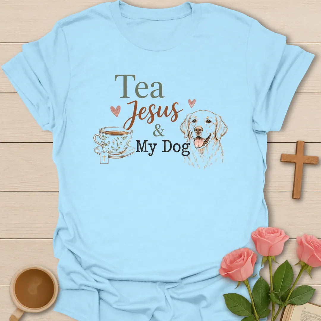 Tea, Jesus and My Dog shirt with cute dog, teacup, cross, and cream lettering. - Light Blue