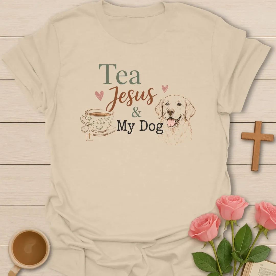 Tea, Jesus and My Dog shirt with cute dog, teacup, cross, and cream lettering. - Sand