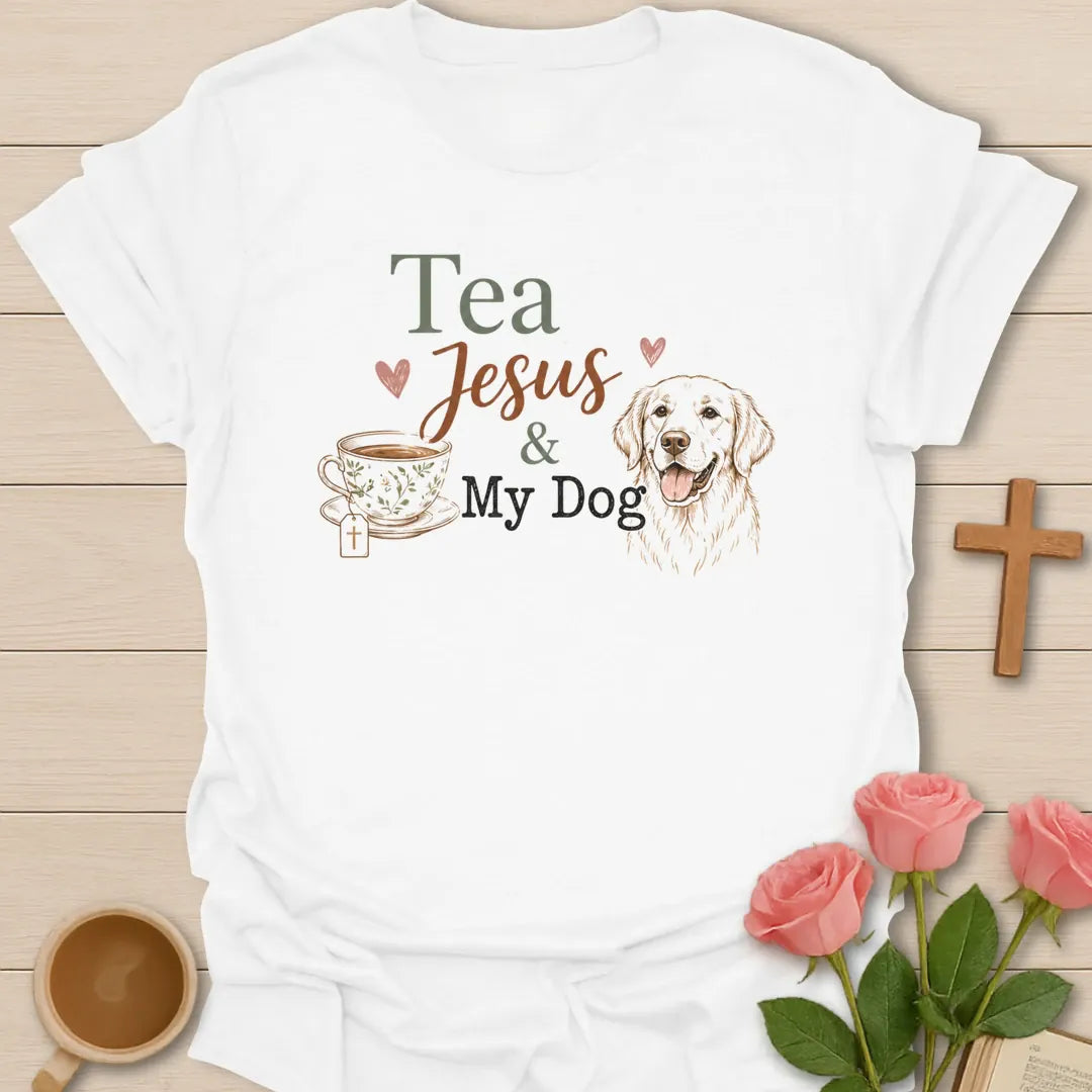 Tea, Jesus and My Dog shirt with cute dog, teacup, cross, and cream lettering. - White