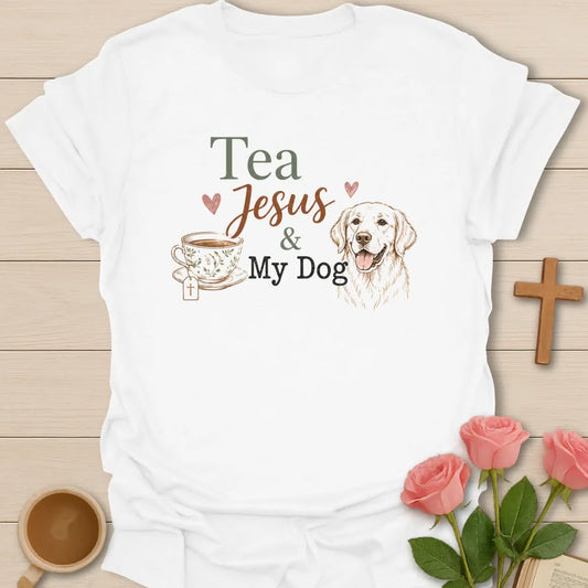 Tea, Jesus and My Dog shirt with cute dog, teacup, cross, and cream lettering. - White