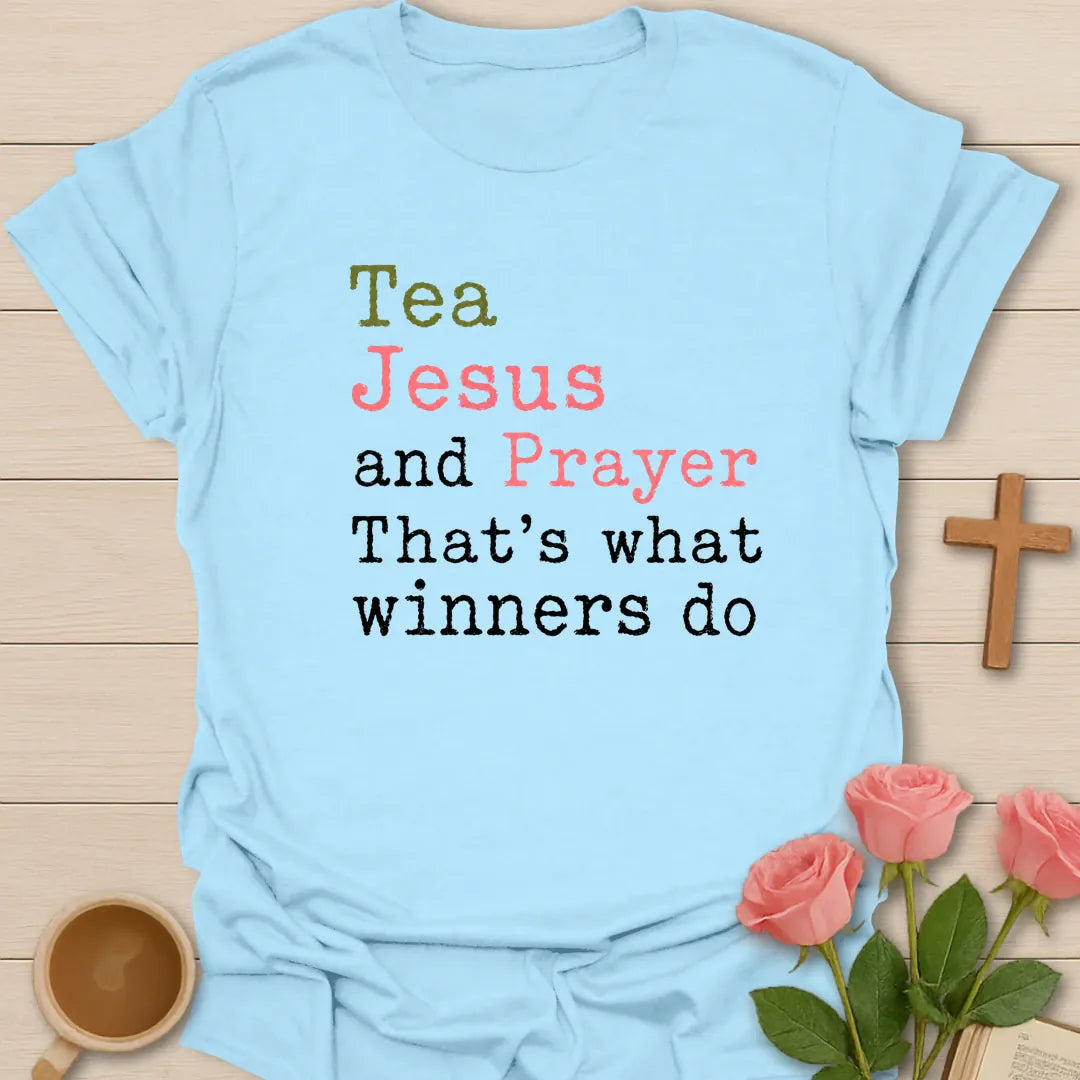 Tea, Jesus and Prayer Winners shirt with teacup, cross, and cream vintage lettering. - Light Blue
