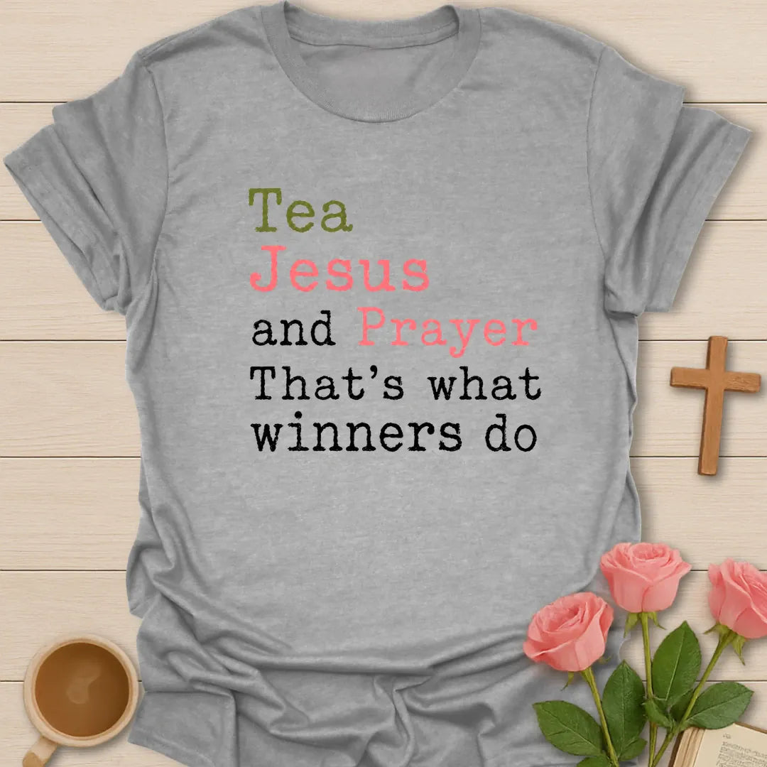 Tea, Jesus and Prayer Winners shirt with teacup, cross, and cream vintage lettering. - Sport Grey