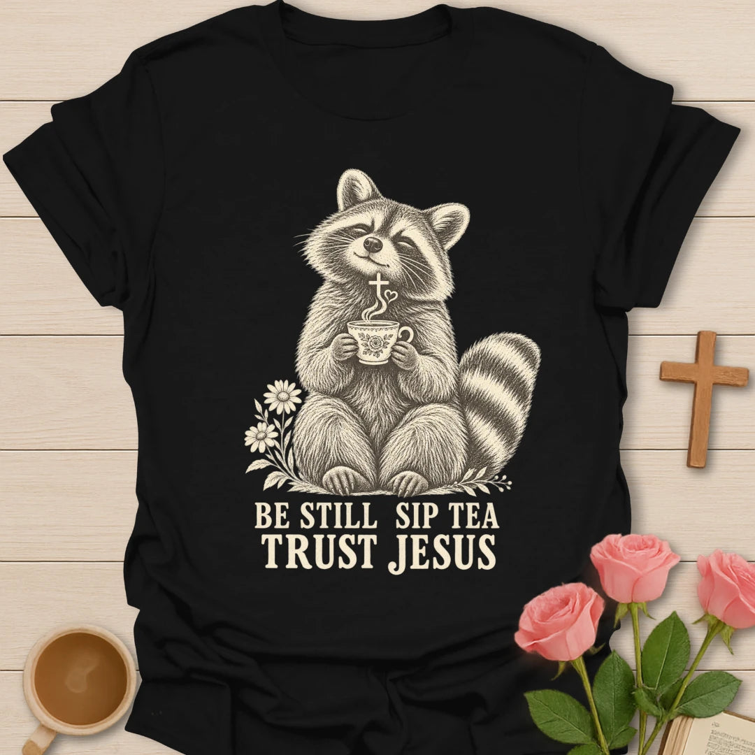 Tea Jesus raccoon shirt with cute raccoon, teacup, and faith-inspired lettering. - Black