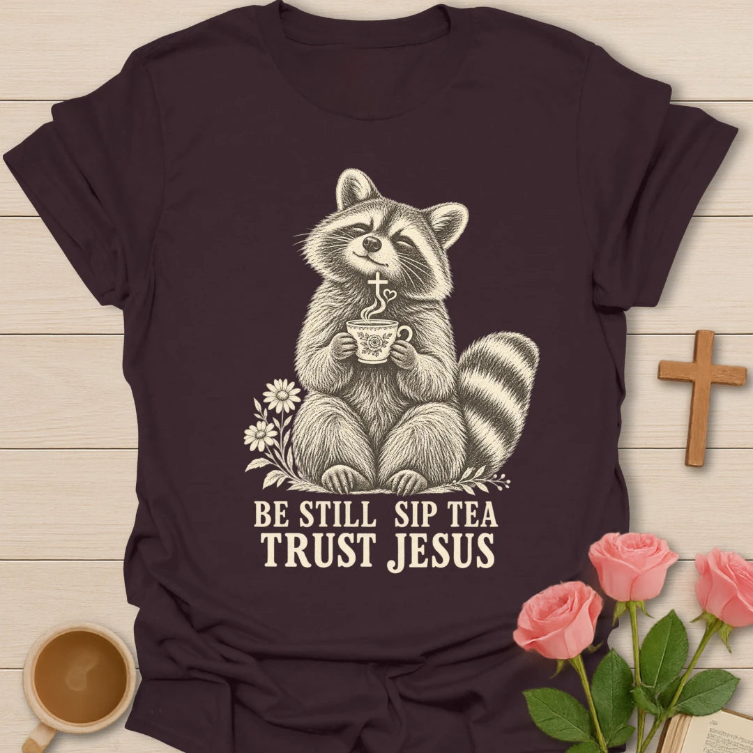Tea Jesus raccoon shirt with cute raccoon, teacup, and faith-inspired lettering. - Dark Chocolate