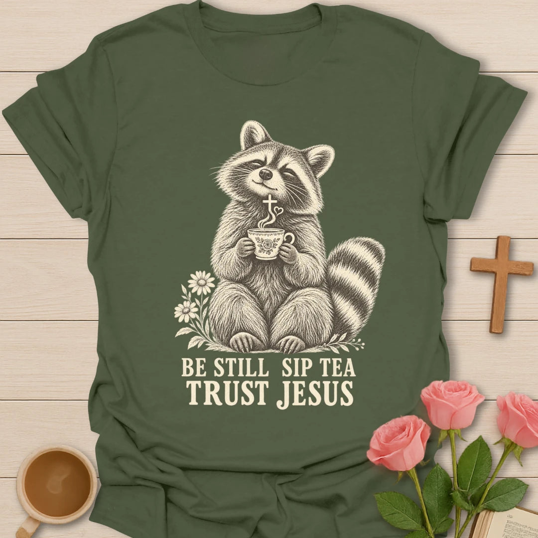 Tea Jesus raccoon shirt with cute raccoon, teacup, and faith-inspired lettering. - Military Green