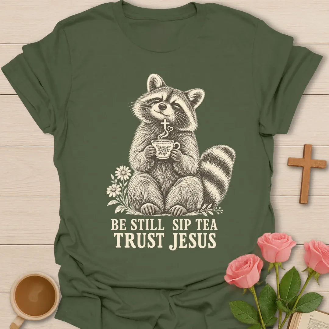 Tea Jesus raccoon shirt with cute raccoon, teacup, and faith-inspired lettering. - Military Green