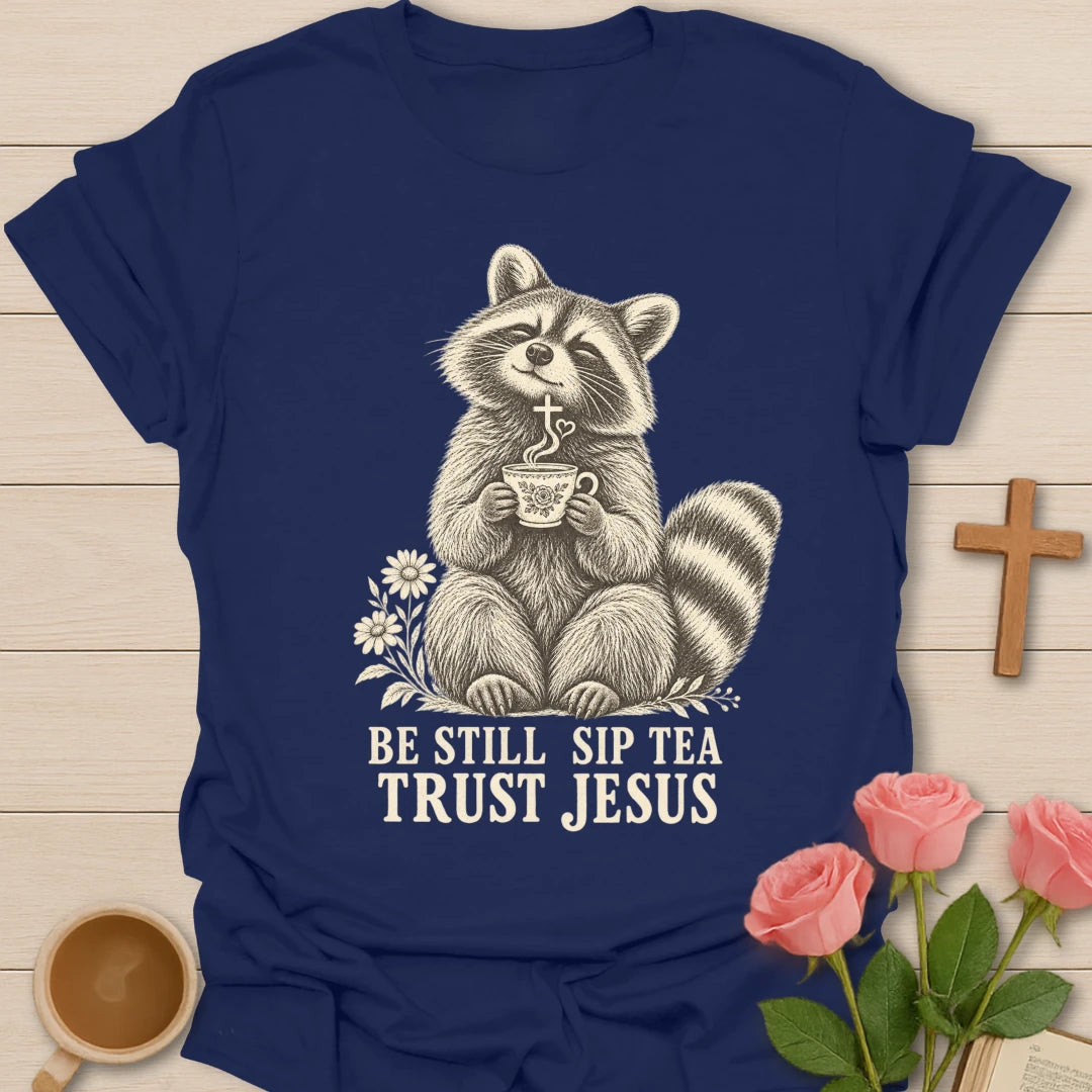 Tea Jesus raccoon shirt with cute raccoon, teacup, and faith-inspired lettering. - Navy