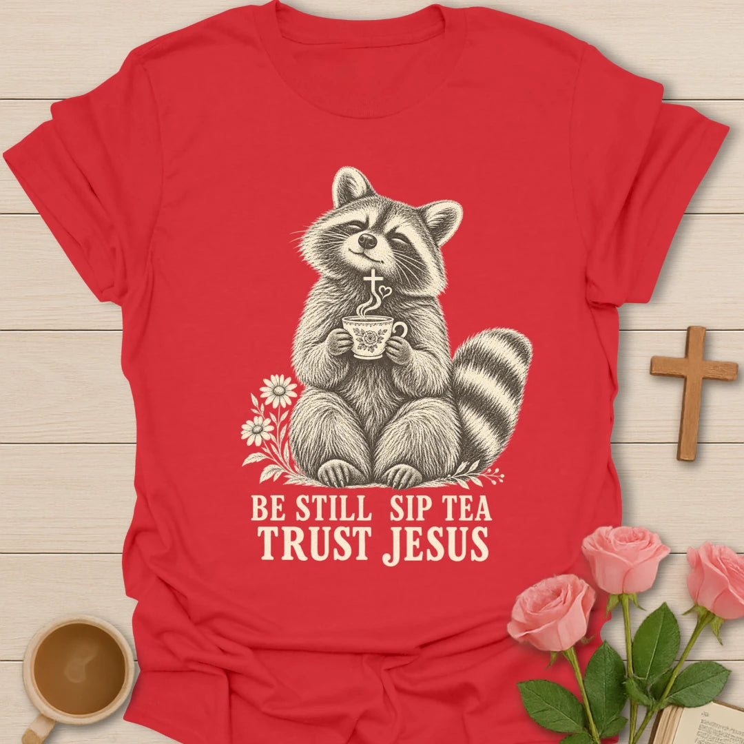 Tea Jesus raccoon shirt with cute raccoon, teacup, and faith-inspired lettering. - Red