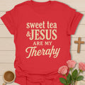 Sweet Tea and Jesus Are My Therapy shirt in minimal distressed mixed typography - Red
