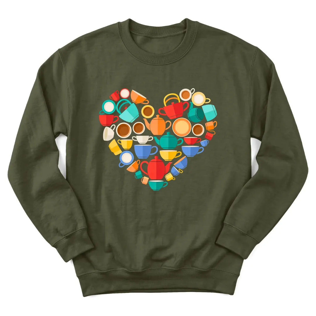 Tea Lover Heart sweatshirt with heart-shaped teacup illustration - Military Green