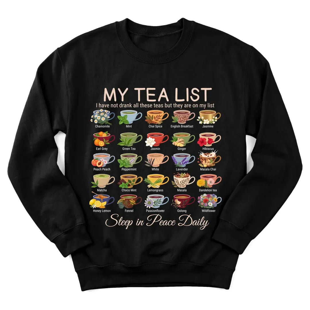 Tea Lover List Christian sweatshirt with checklist of tea and faith moments - Black