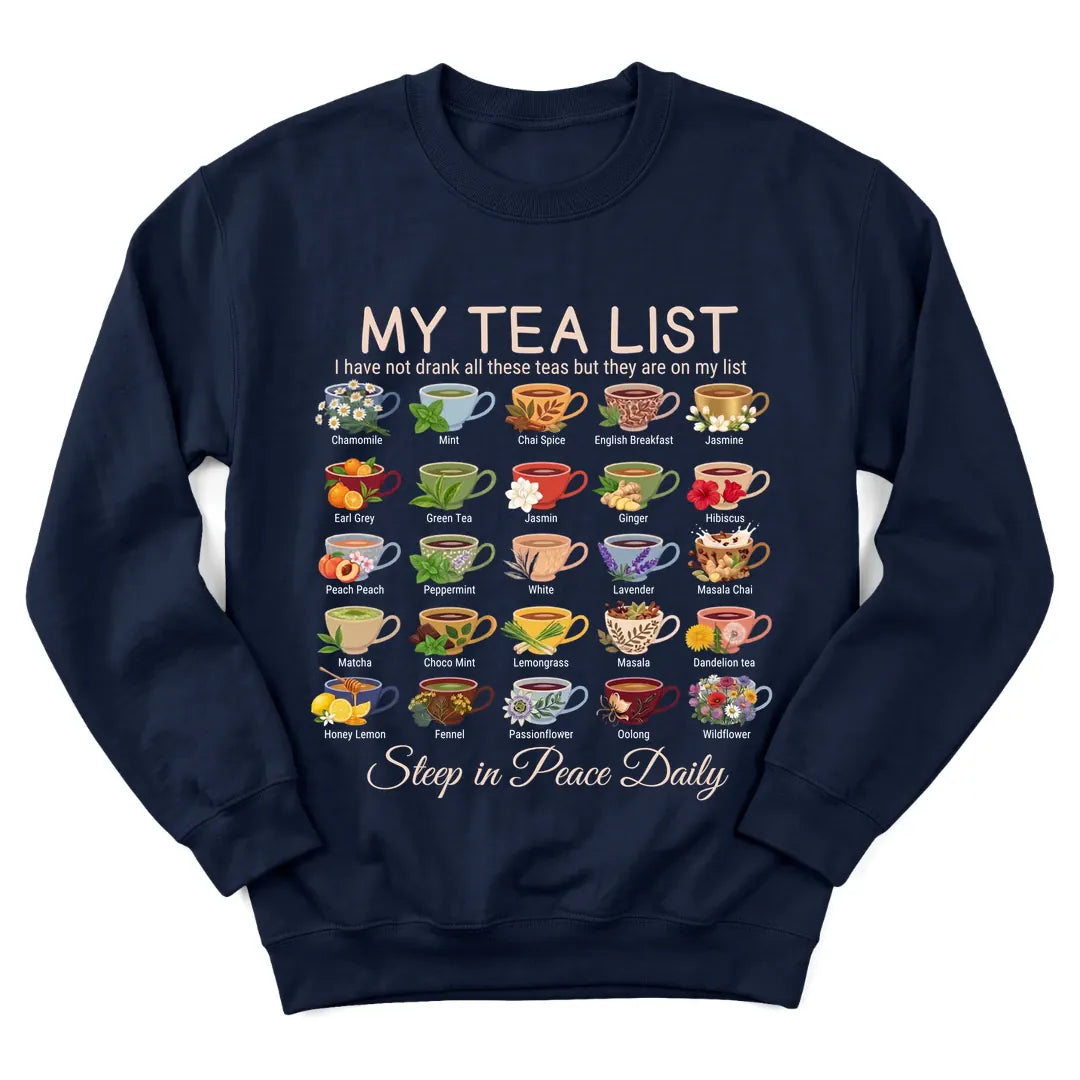 Tea Lover List Christian sweatshirt with checklist of tea and faith moments - Navy
