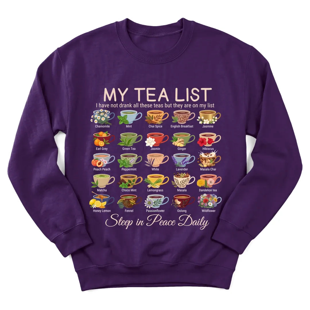 Tea Lover List Christian sweatshirt with checklist of tea and faith moments - Purple