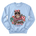 Tea Over Worry sweatshirt with raccoon, flowers and faith over fear message - Light Blue