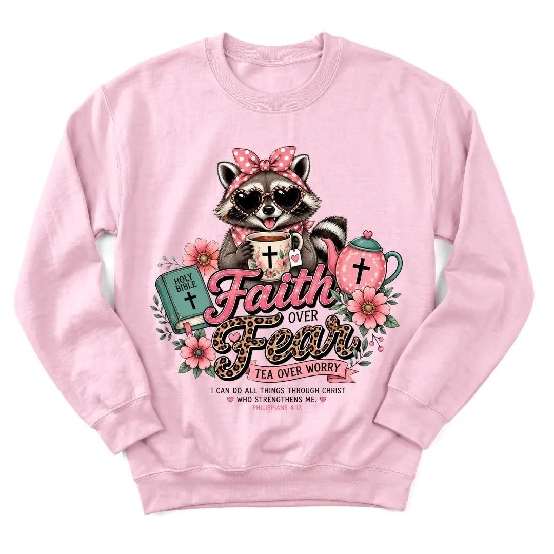Tea Over Worry sweatshirt with raccoon, flowers and faith over fear message - Light Pink