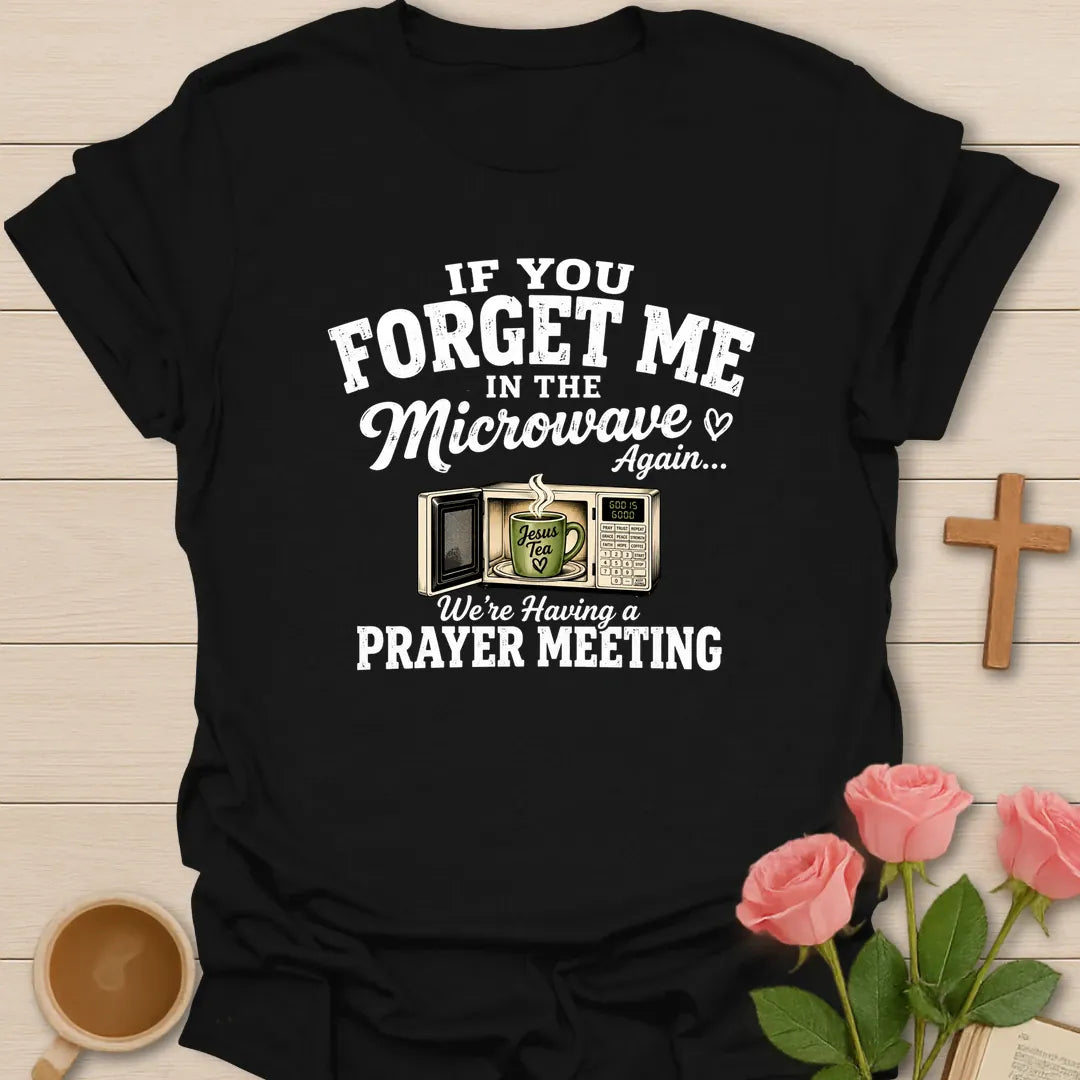 Tea Prayer Meeting shirt with teacup, cross, and cream vintage lettering. - Black
